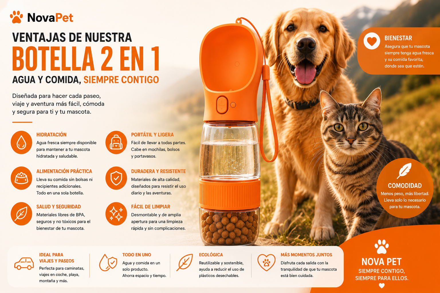 Botella Portátil 2 en 1 para Mascotas / Agua y Comida