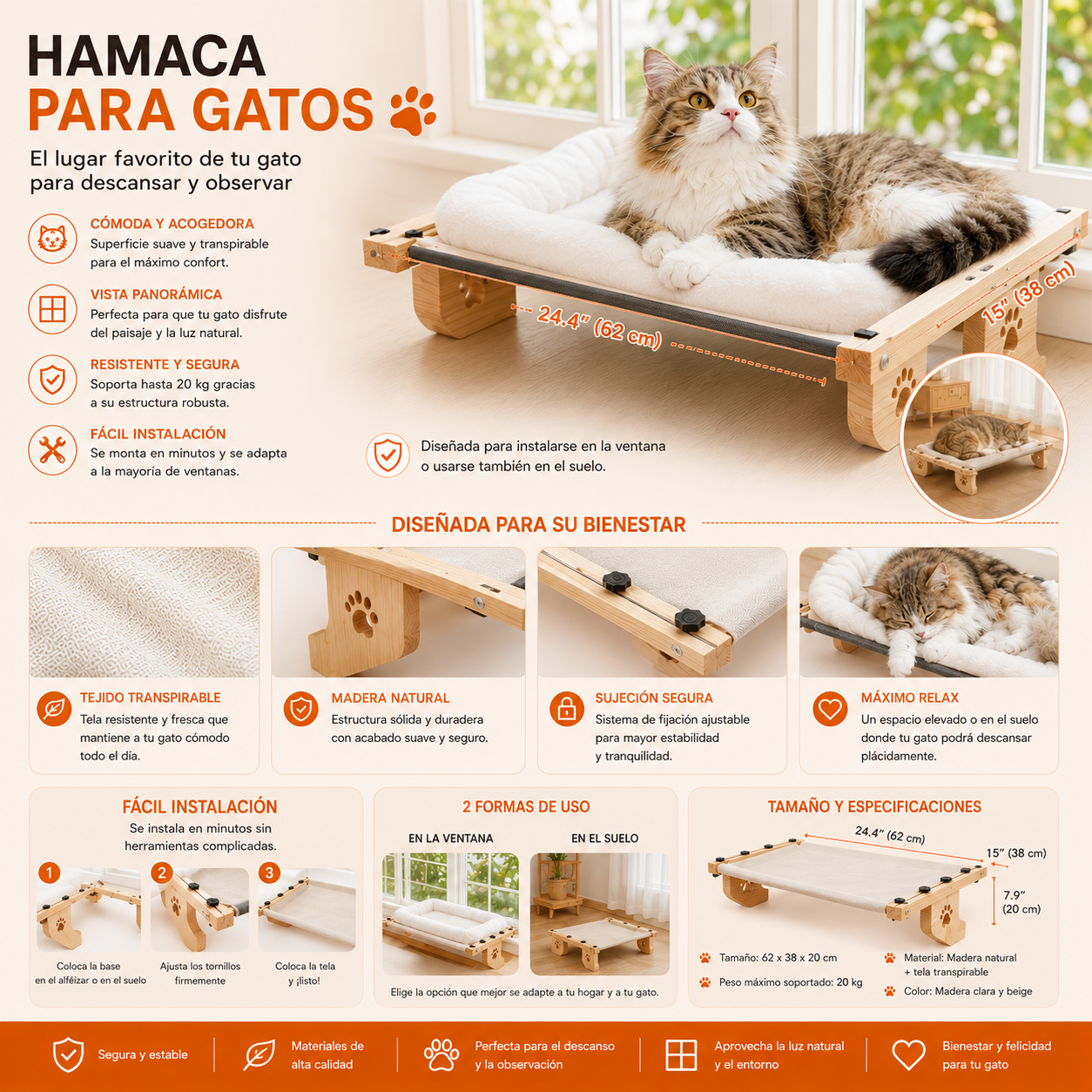 Hamaca Premium para Gatos / Ventana y Suelo