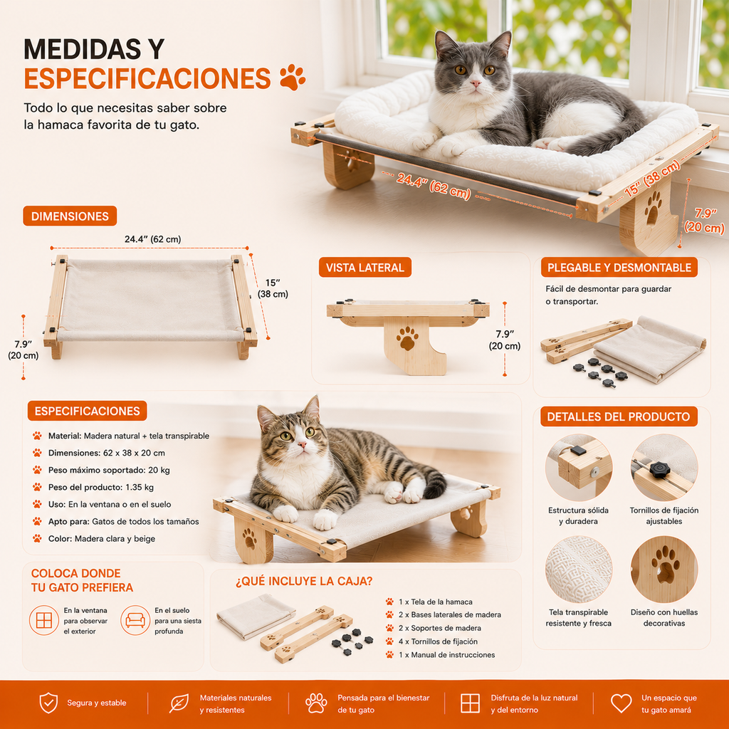 Hamaca Premium para Gatos / Ventana y Suelo